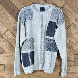 Vtg Mens Old Glory Patchwork Knit Sweater Wool/Cotton Blend Size L Made In USA